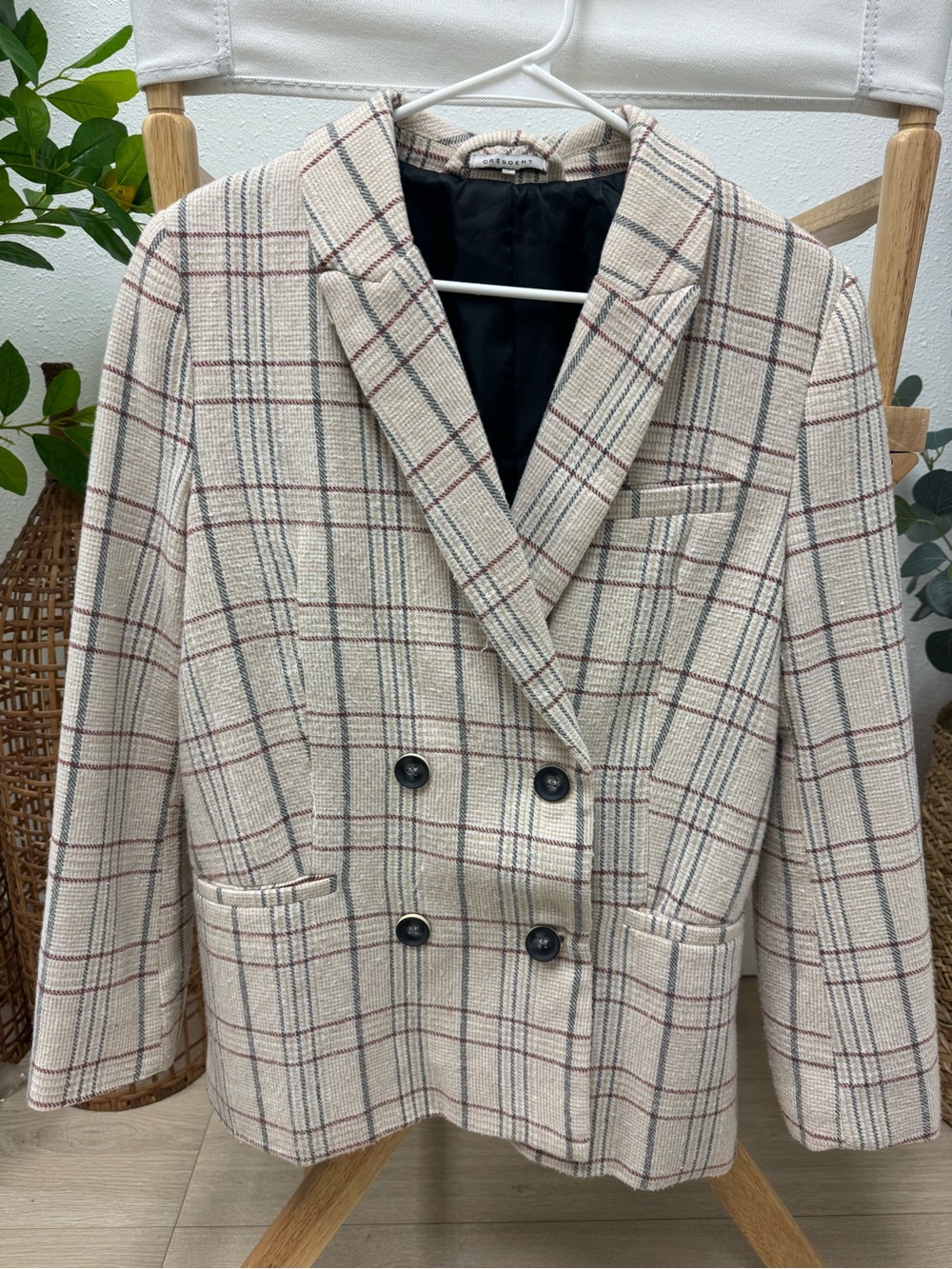 Plaid Double Breasted Blazer Women’s S Beige Gray Burgundy Wool Blend